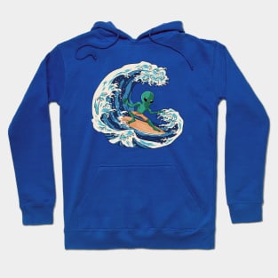 Martian Alien Surfing on a Great Wave // Funny Japanese Style Illustration Hoodie